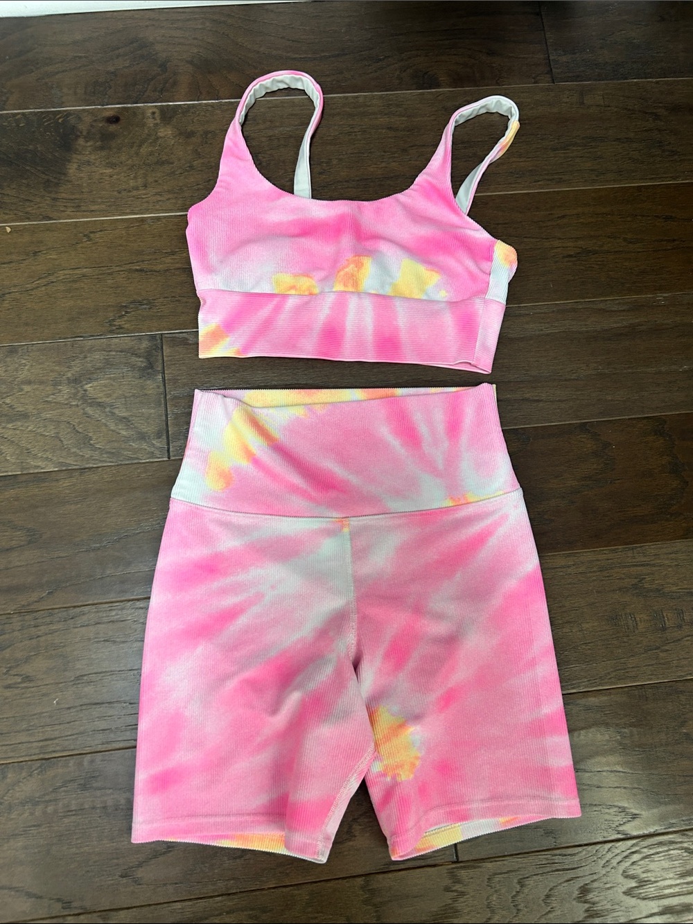 Beach Riot Pink & Yellow Tie-Dye Sports Bra and High-Waist Shorts Set